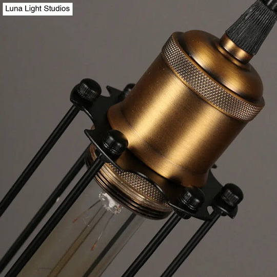 Industrial Brass Finish Tubed Pendant Lighting With Cage Shade - 1 Head Metal Hanging Ceiling Light