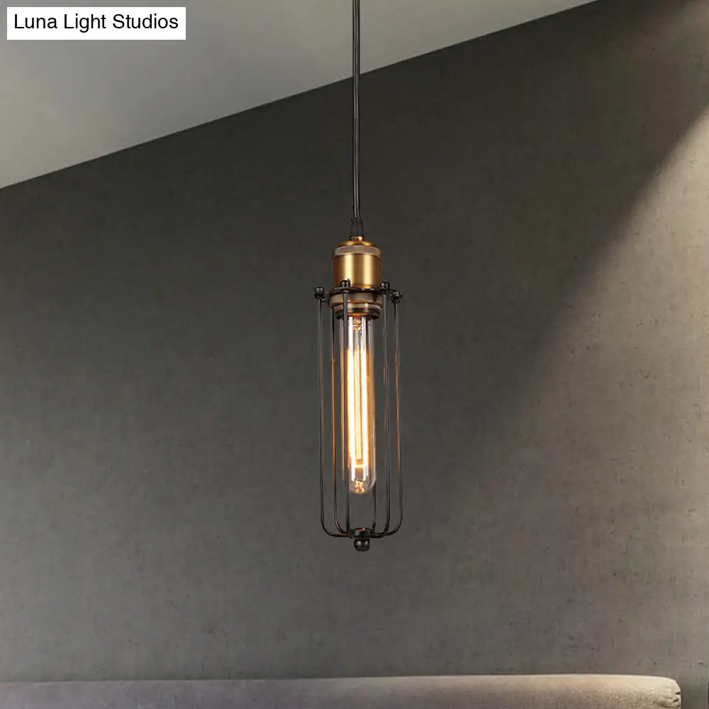 Industrial Brass Finish Tubed Pendant Lighting With Cage Shade - 1 Head Metal Hanging Ceiling Light