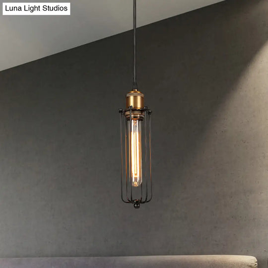 Industrial Brass Finish Tubed Pendant Lighting With Cage Shade - 1 Head Metal Hanging Ceiling Light