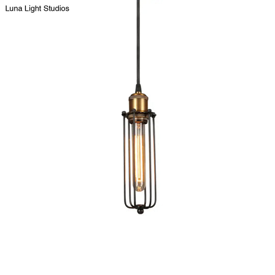 Industrial Brass Finish Tubed Pendant Lighting With Cage Shade - 1 Head Metal Hanging Ceiling Light