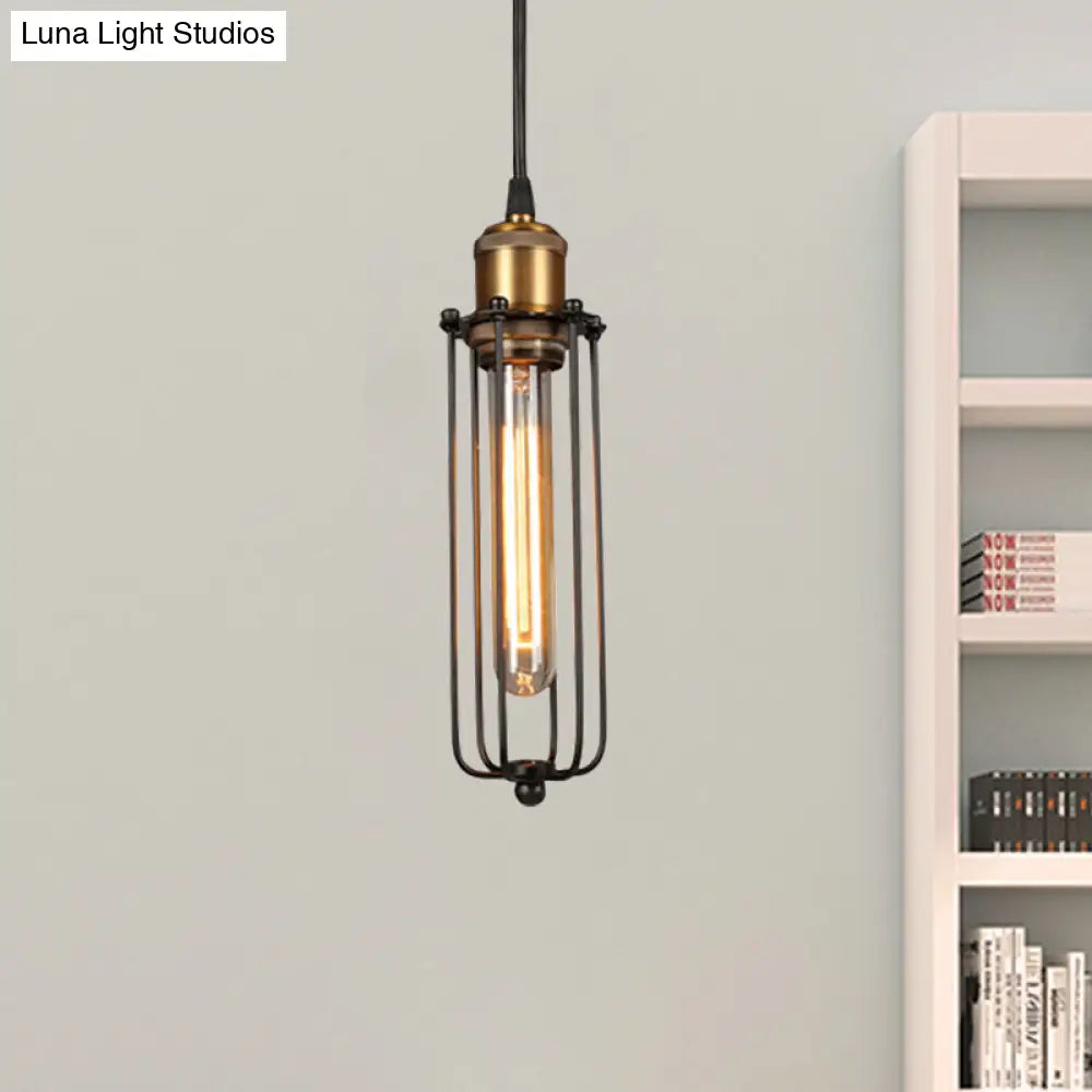 Industrial Brass Finish Tubed Pendant Lighting With Cage Shade - 1 Head Metal Hanging Ceiling Light