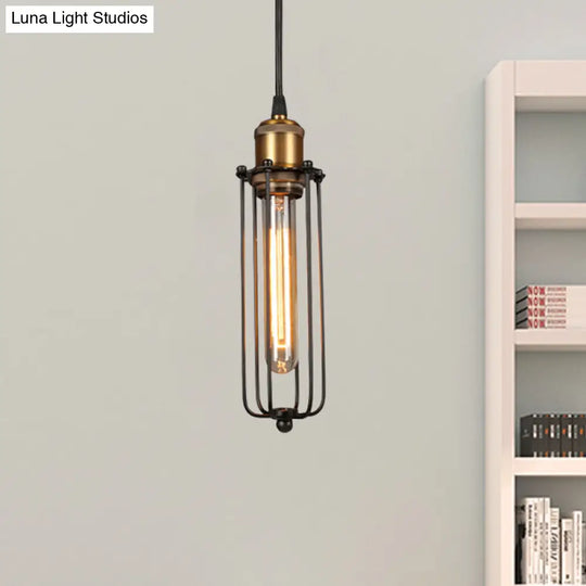 Industrial Brass Finish Tubed Pendant Lighting With Cage Shade - 1 Head Metal Hanging Ceiling Light