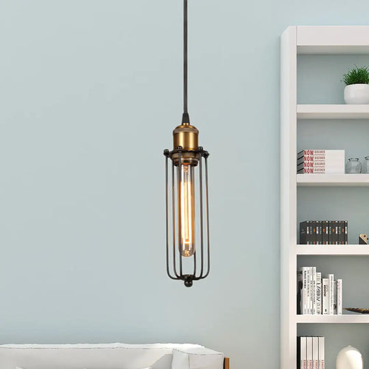 Industrial Brass Finish Tubed Pendant Lighting With Cage Shade - 1 Head Metal Hanging Ceiling Light