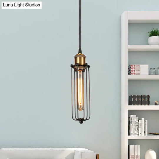 Industrial Brass Finish Cage Pendant Light - Tubed Head Design For Hanging Ceiling 1-Head Option