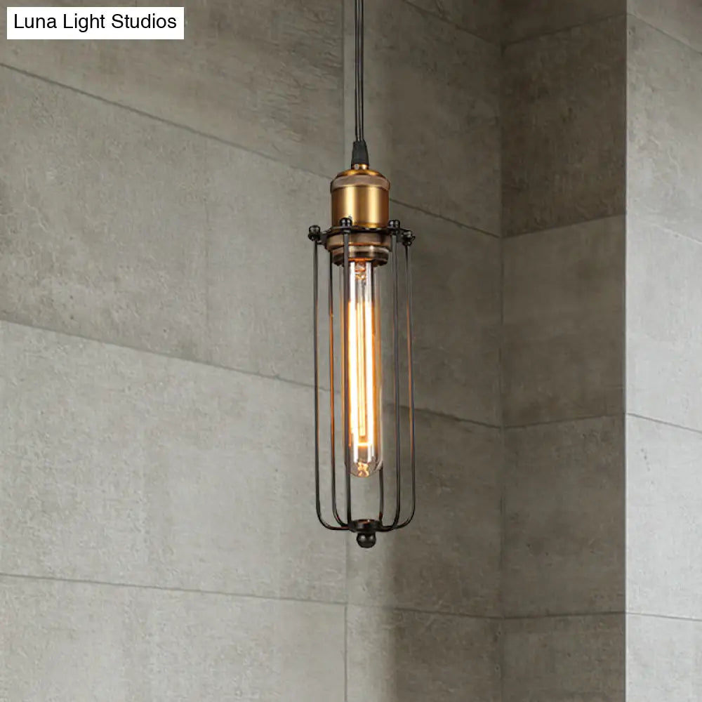 Industrial Brass Finish Tubed Pendant Lighting With Cage Shade - 1 Head Metal Hanging Ceiling Light