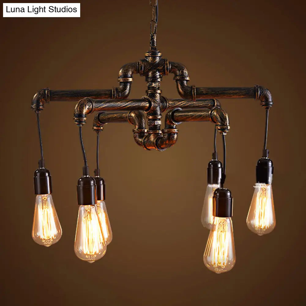 Iron Antique Brass Hanging Lamp - Industrial Chandelier Light Fixture With Plumbing Pipe 4/6 Bulbs 6