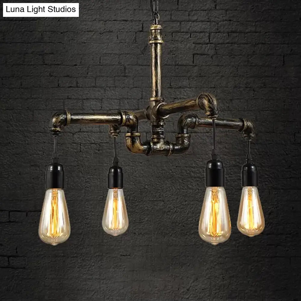 Iron Antique Brass Hanging Lamp - Industrial Chandelier Light Fixture With Plumbing Pipe 4/6 Bulbs 4