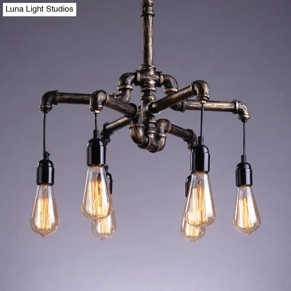 Iron Antique Brass Hanging Lamp - Industrial Chandelier Light Fixture With Plumbing Pipe 4/6 Bulbs