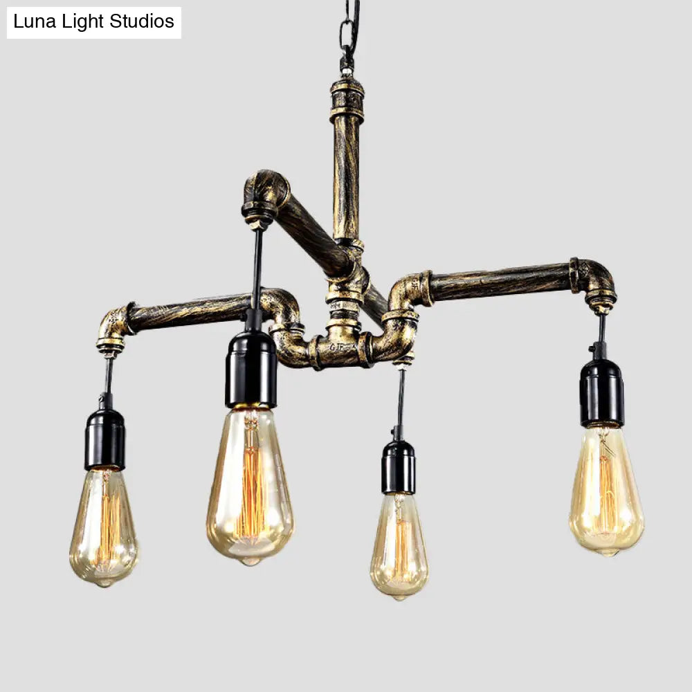 Iron Antique Brass Hanging Lamp - Industrial Chandelier Light Fixture With Plumbing Pipe 4/6 Bulbs