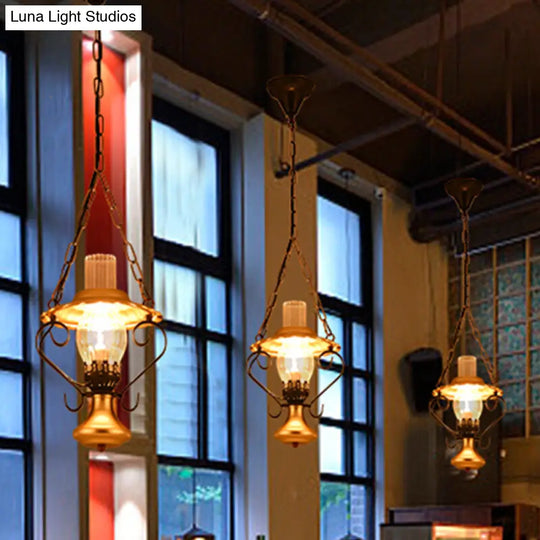 Iron And Glass Lantern Ceiling Pendant In Brass For Industrial Single Light Bedroom