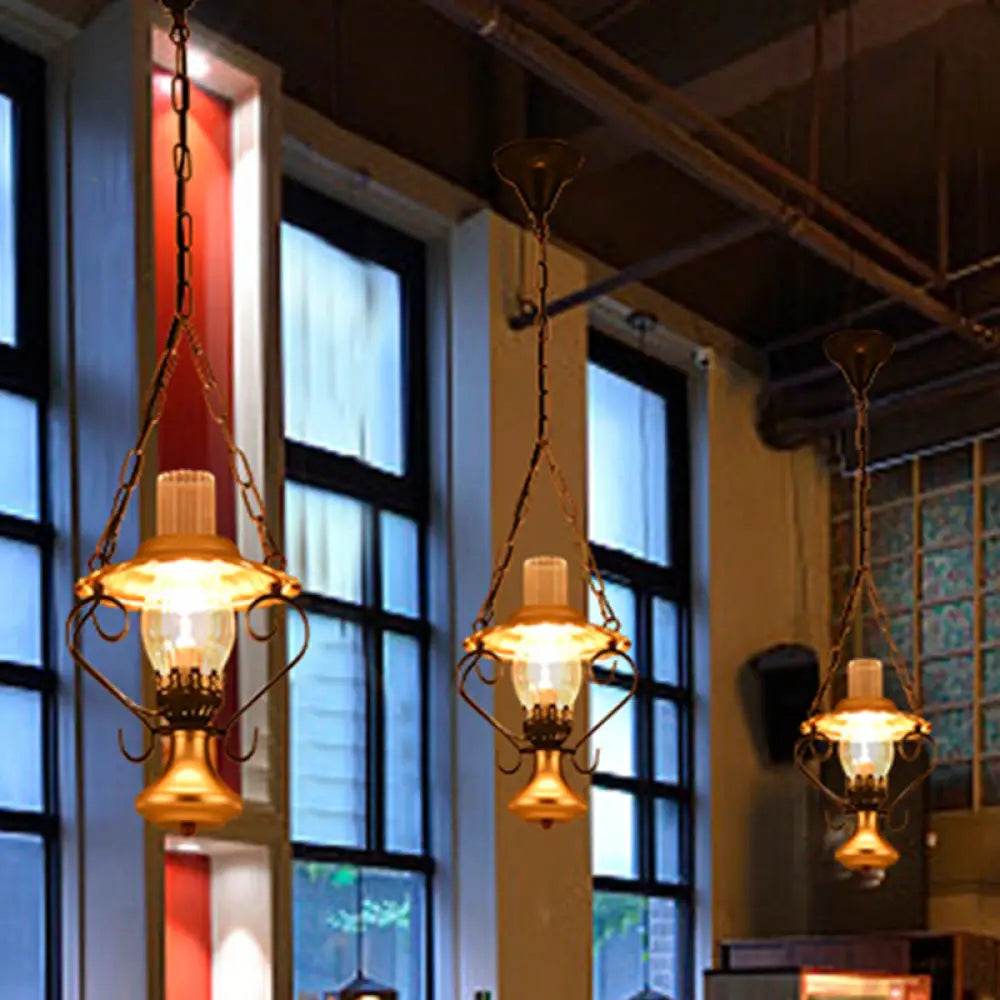 Industrial Brass Iron And Glass Lantern Ceiling Pendant - Single Light Bedroom