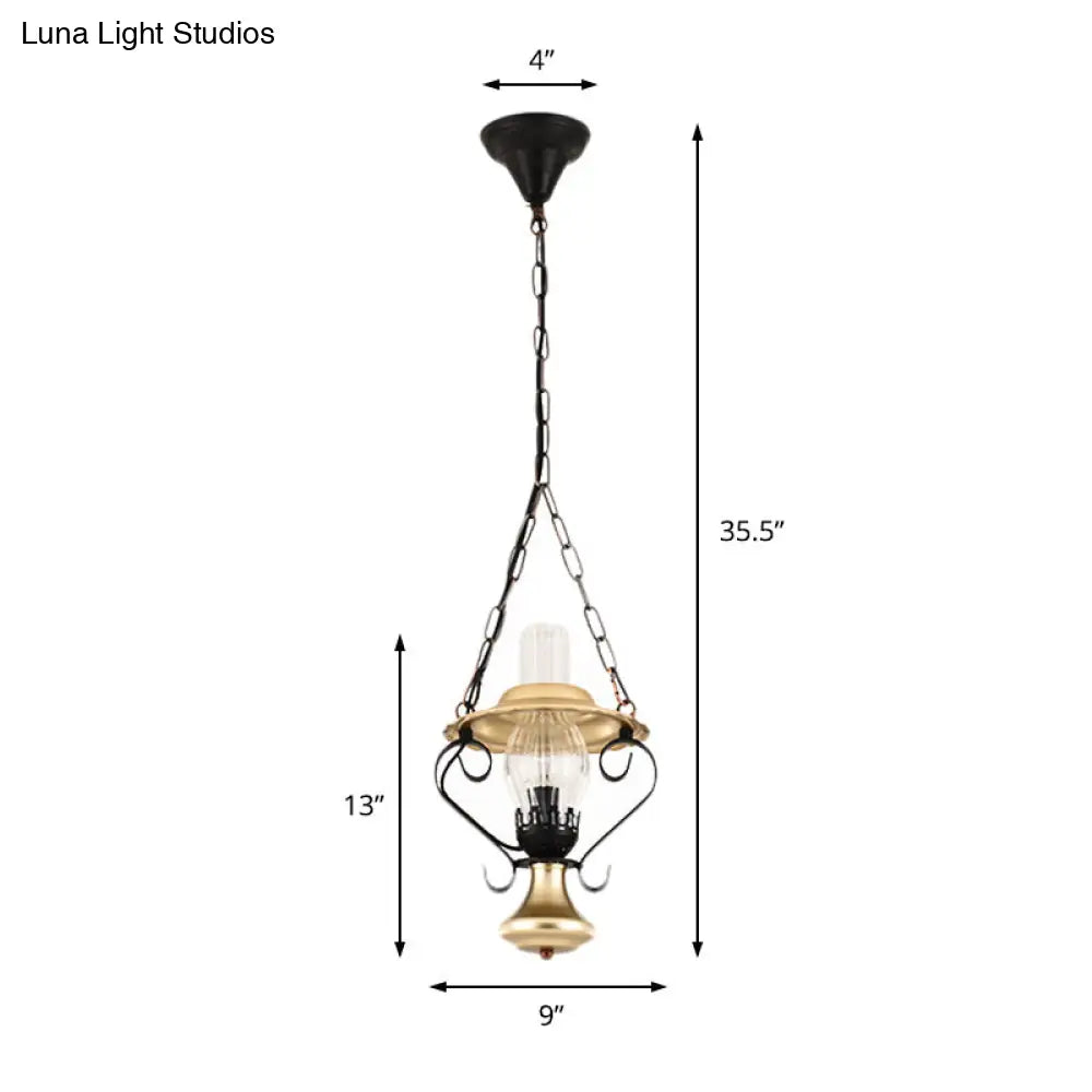 Iron And Glass Lantern Ceiling Pendant In Brass For Industrial Single Light Bedroom
