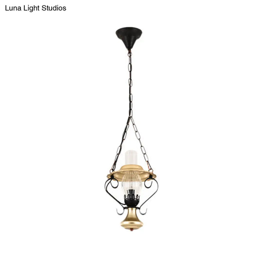 Iron And Glass Lantern Ceiling Pendant In Brass For Industrial Single Light Bedroom