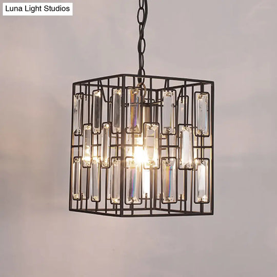 Industrial Brass Iron Wire Cage Pendant Lamp With Crystals - Hanging Ceiling Light