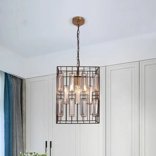 Industrial Brass Iron Pendant Lamp With Crystals - Wire Cage Design Ceiling Light