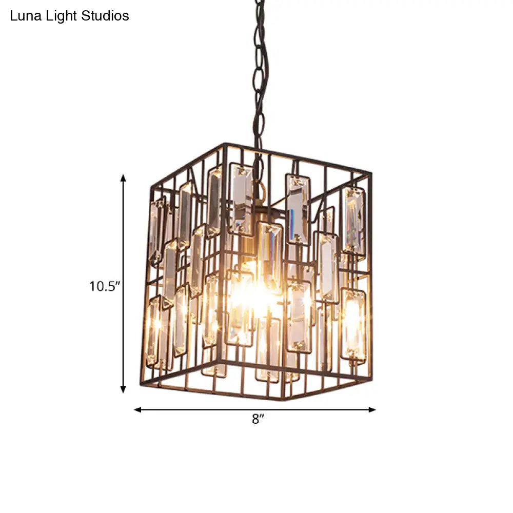 Industrial Brass Iron Pendant Lamp With Crystals - Wire Cage Design Ceiling Light