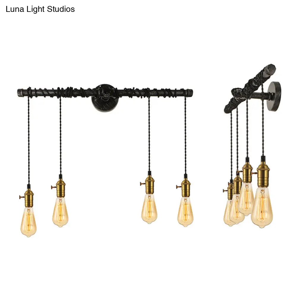 Industrial Brass Metal Wall Mount Lamp - 4-Light Linear Piped Sconce With Open Bulb