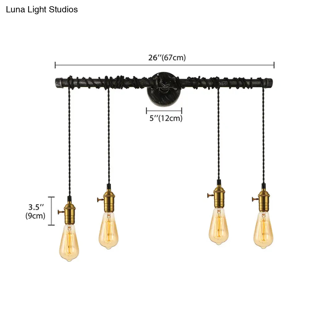 Industrial Brass Metal Wall Mount Lamp - 4-Light Linear Piped Sconce With Open Bulb