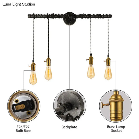 Industrial Brass Metal Wall Mount Lamp - 4-Light Linear Piped Sconce With Open Bulb