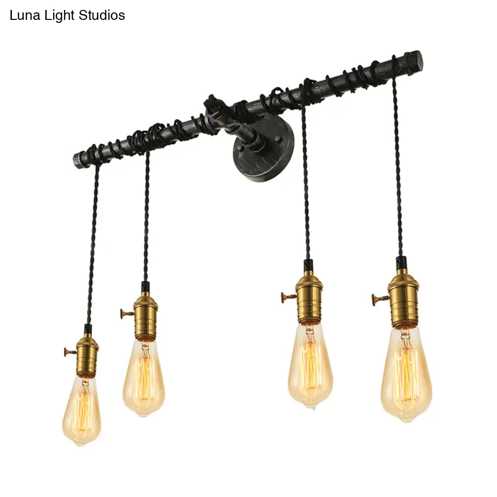 Industrial Brass Metal Wall Mount Lamp - 4-Light Linear Piped Sconce With Open Bulb