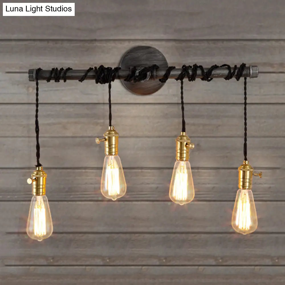 Industrial Brass Metal Wall Mount Lamp - 4-Light Linear Piped Sconce With Open Bulb