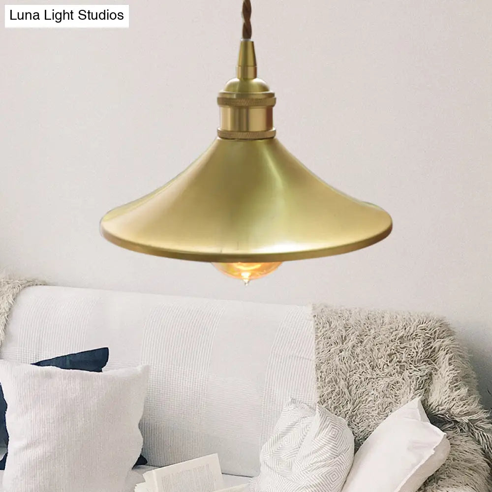 Industrial Brass Pendant Lamp: 8’/10’ Wide Cone Shade Metal Hanging Light Fixture 1 For Living Room