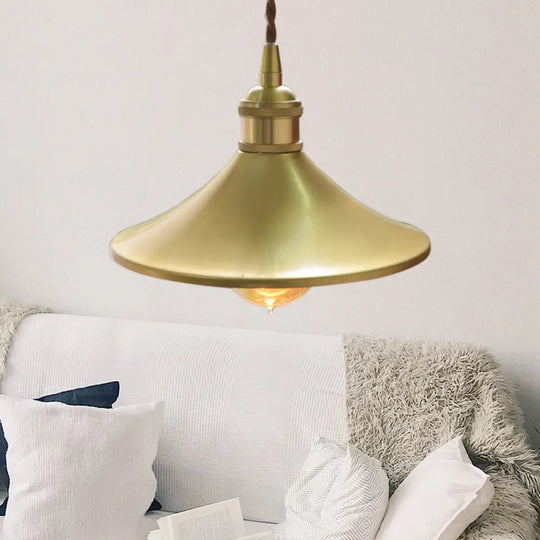 Industrial Brass Pendant Lamp: 8’/10’ Wide Cone Shade Metal Hanging Light Fixture 1 For Living