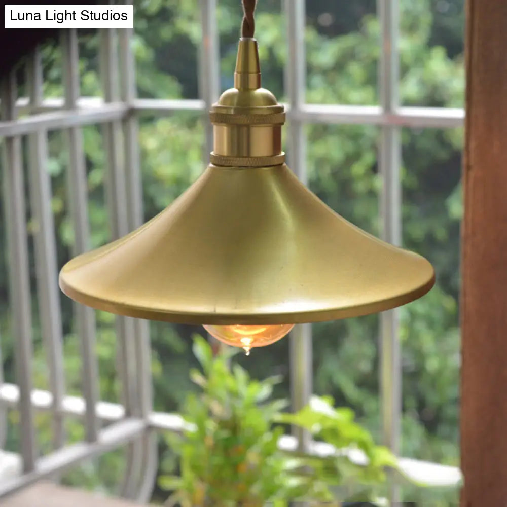 Industrial Brass Pendant Lamp: 8’/10’ Wide Cone Shade Metal Hanging Light Fixture 1 For Living Room