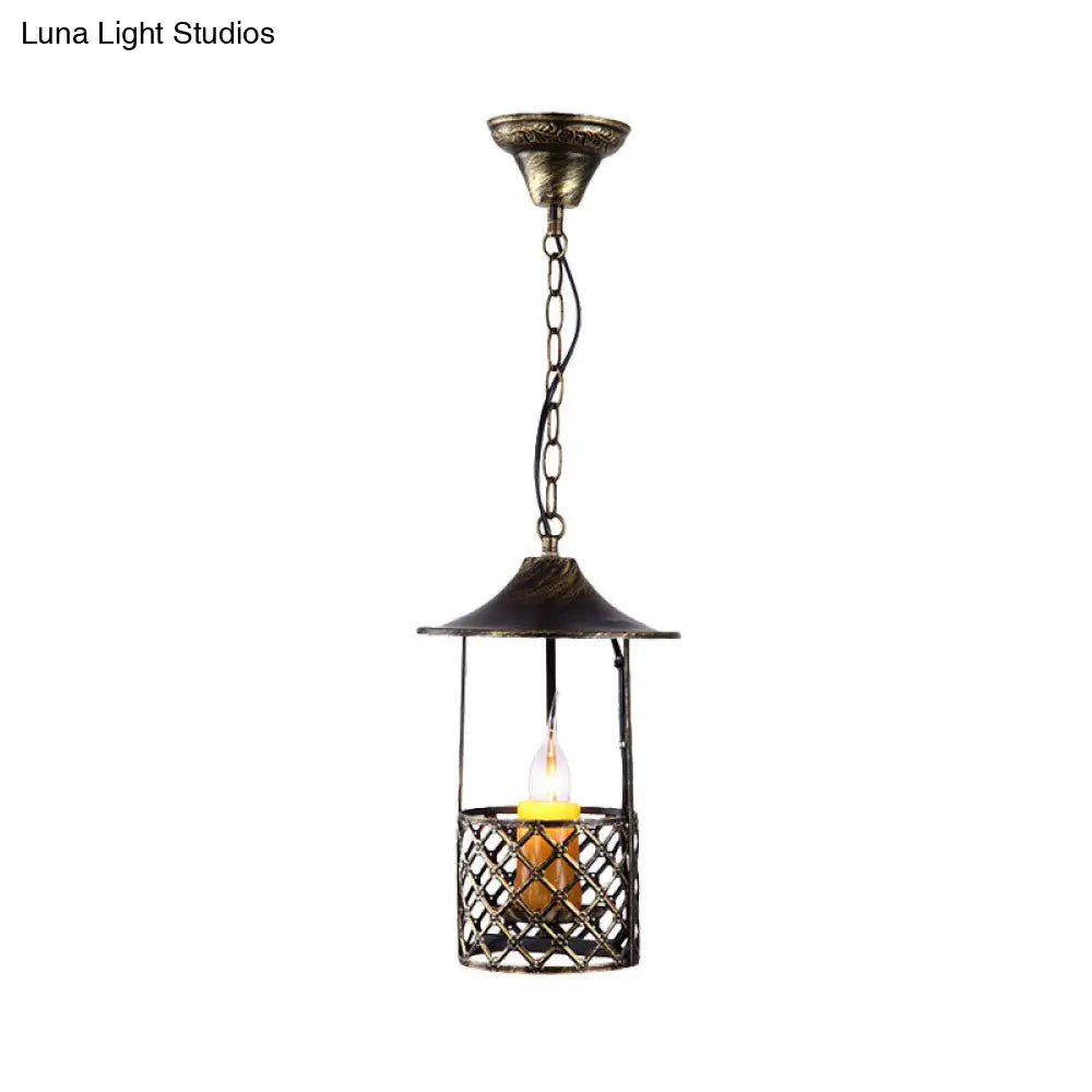 Industrial Brass Pendant Light With Cage Shade For Living Room