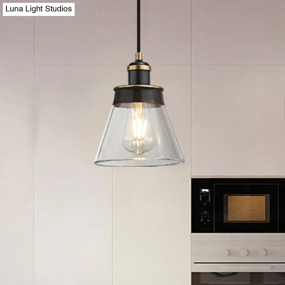 Industrial Brass Pendant Light With Clear/Amber/Smoked Glass Cone - Indoor Hanging Lamp