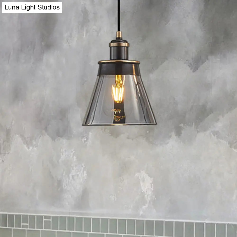 Industrial Brass Pendant Light With Clear/Amber/Smoked Glass Cone - Indoor Hanging Lamp