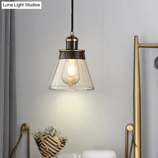 Industrial Brass Pendant Light With Clear/Amber/Smoked Glass Cone - Indoor Hanging Lamp Amber