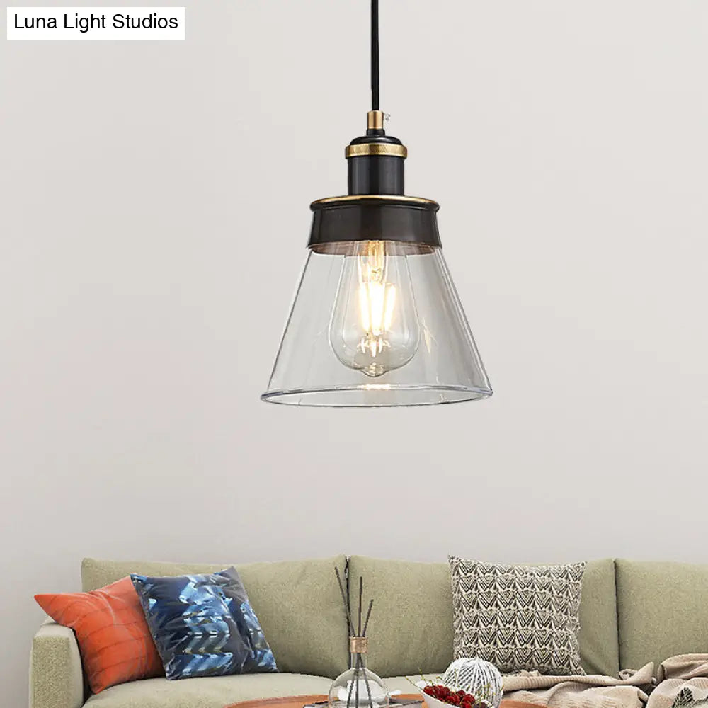Industrial Brass Pendant Light With Clear/Amber/Smoked Glass Cone - Indoor Hanging Lamp Clear