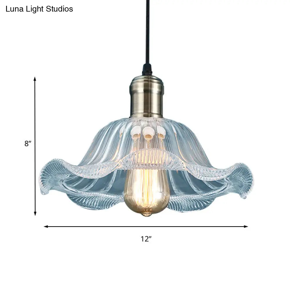 Industrial Brass Clear Glass Pendant Light With Wavy Edge - 1 Bowl Fixture 8/10/12 Wide