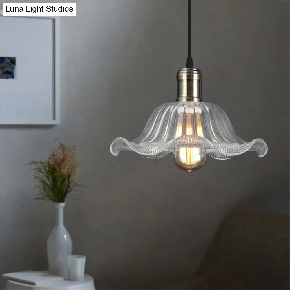 Industrial Brass Clear Glass Pendant Light With Wavy Edge - 1 Bowl Fixture 8/10/12 Wide / 10