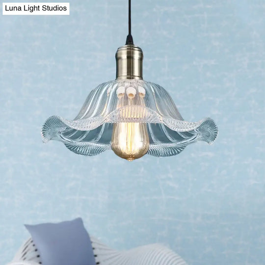 Industrial Brass Pendant Light With Clear Glass Bowl And Wavy Edge - 8’/10’/12’ Wide