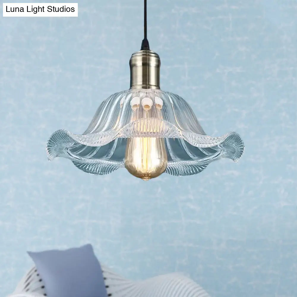 Industrial Brass Clear Glass Pendant Light With Wavy Edge - 1 Bowl Fixture 8/10/12 Wide