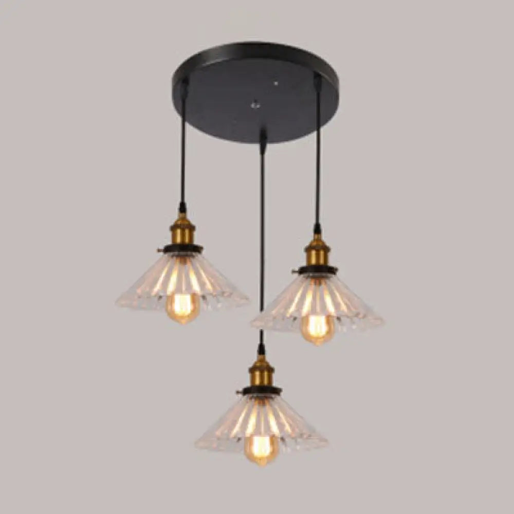 Industrial Brass Pendant Lighting With Flared Ribbed Clear Glass - 3-Light Hanging