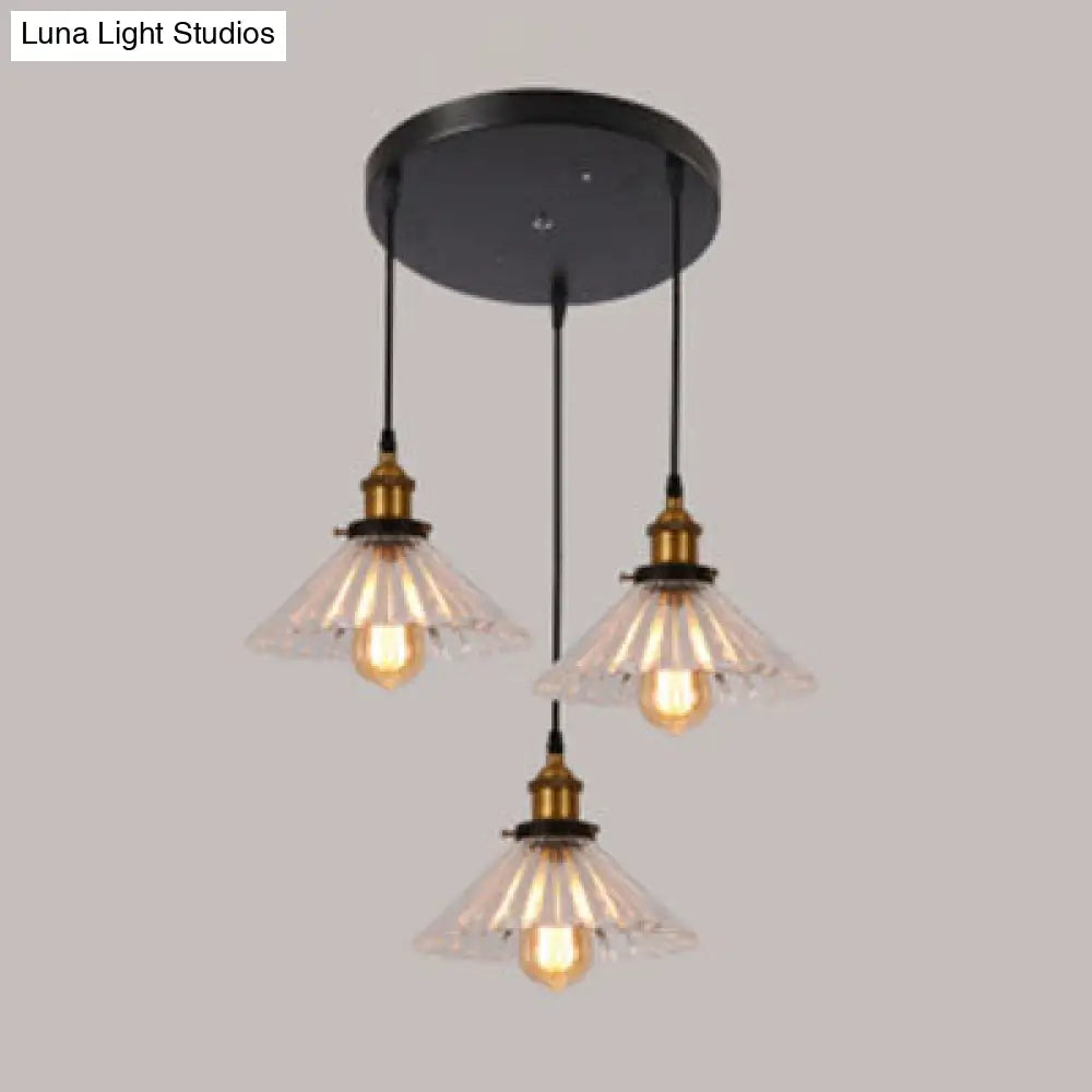 Industrial Brass Pendant Lighting With Flared Ribbed Clear Glass Shades And Round Canopy - Set Of 3