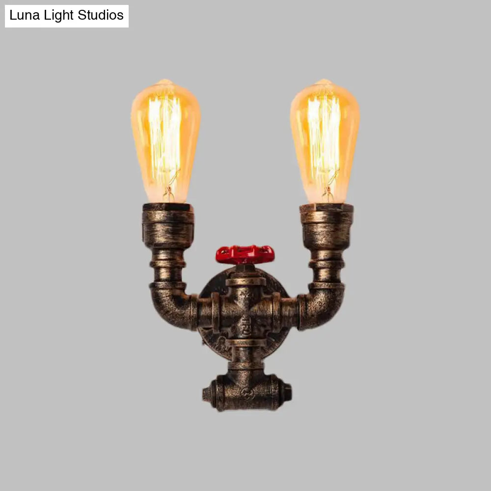 Industrial Brass Pipe And Valve Sconce Lighting - 2-Bulb Corridor Wall-Mount Lamp