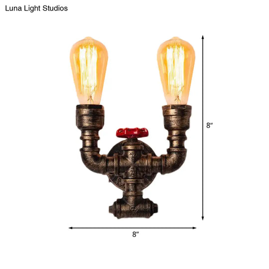 Industrial Brass Pipe And Valve Sconce Lighting - 2-Bulb Corridor Wall-Mount Lamp