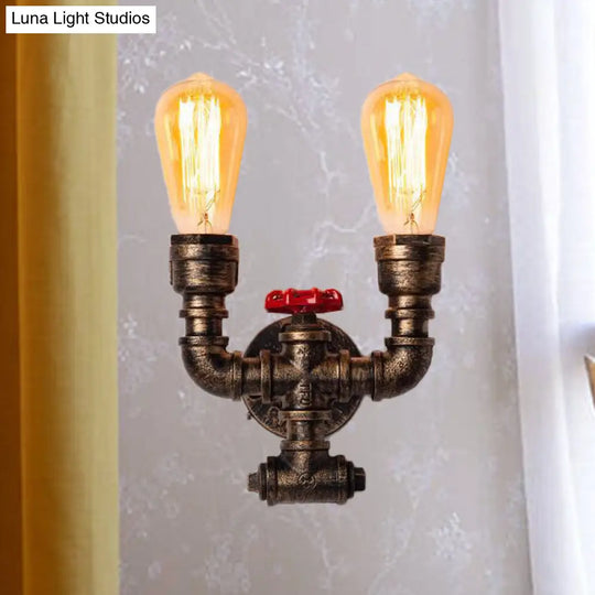 Industrial Brass Pipe And Valve Sconce Lighting - 2-Bulb Corridor Wall-Mount Lamp