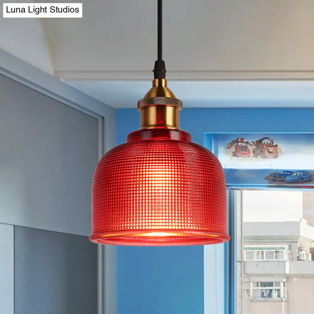 Industrial Brass Prismatic Glass Dome Pendant Light In Red/Bronze/Blue