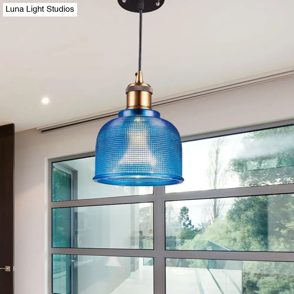 Industrial Brass Prismatic Glass Dome Pendant Light In Red/Bronze/Blue