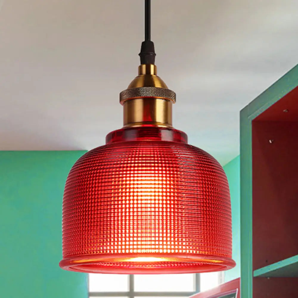 Industrial Brass Prismatic Glass Dome Pendant Light In Red/Bronze/Blue Red