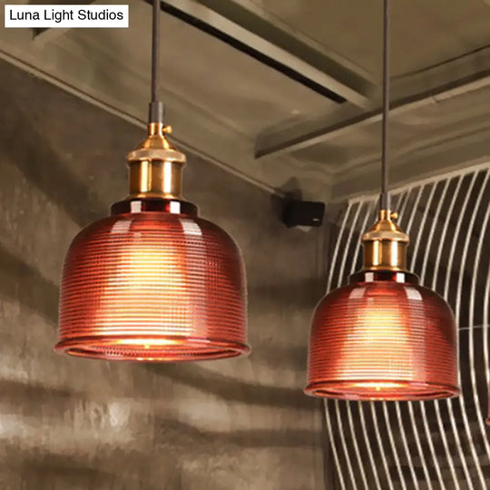 Industrial Brass Prismatic Glass Dome Pendant Light In Red/Bronze/Blue