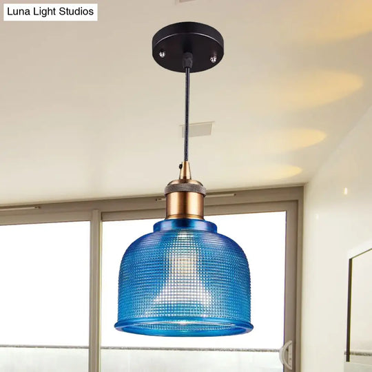 Industrial Brass Prismatic Glass Dome Pendant Light In Red/Bronze/Blue