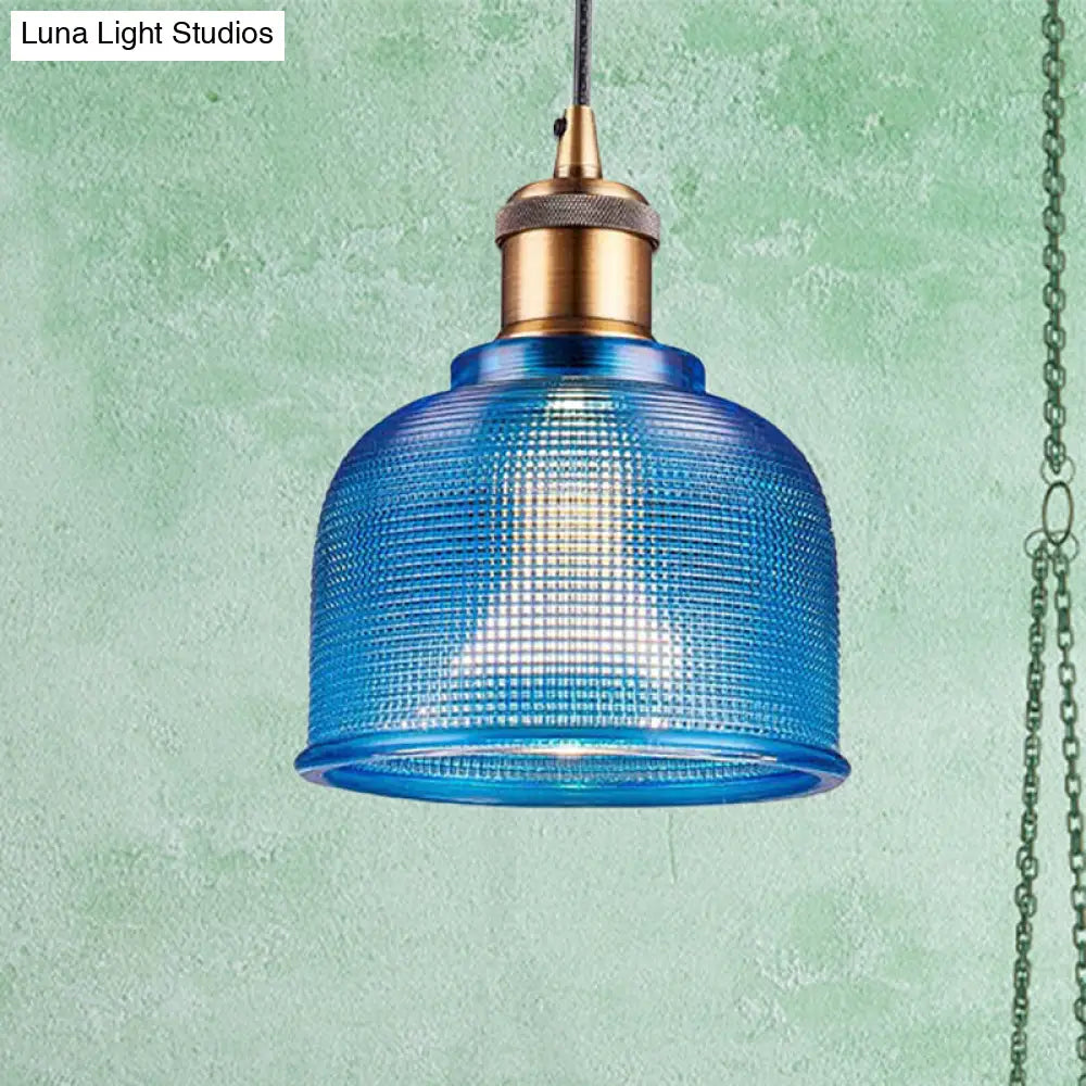 Industrial Brass Prismatic Glass Dome Pendant Light In Red/Bronze/Blue - Single-Light Fixture Blue