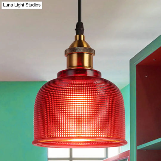 Industrial Brass Prismatic Glass Dome Pendant Light In Red/Bronze/Blue - Single-Light Fixture Red