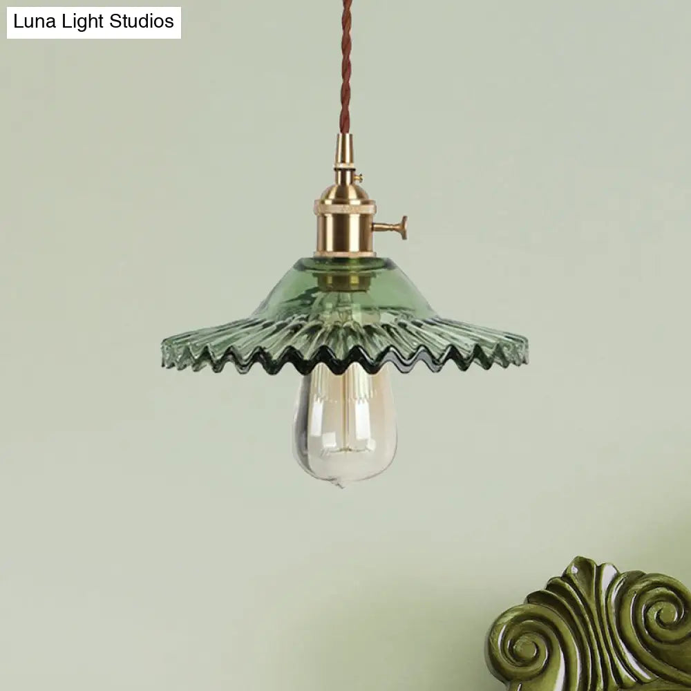 Industrial Brass Scalloped Pendant Light With Glass Shade - 1-Light Hanging Ceiling Fixture For